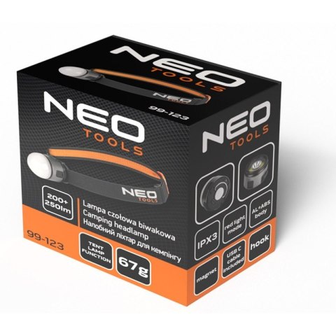 Lampa latarka czołowa biwakowa namiotowa czołówka LED 250+200lm NEO TOOLS 99-123