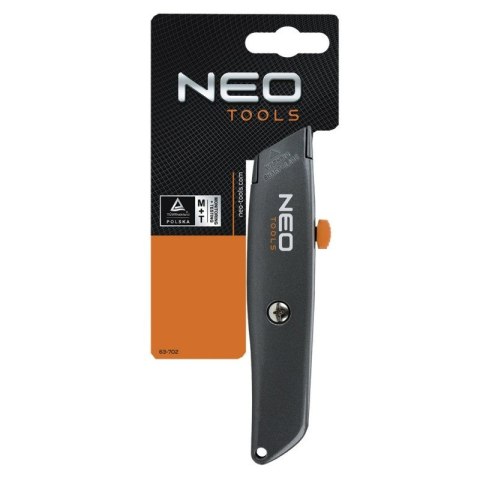 NÓŻ NOŻYK Z OSTRZEM TRAPEZOWYM CHOWANYM METALOWY KORPUS PROFESJONALNY NEO TOOLS 63-702