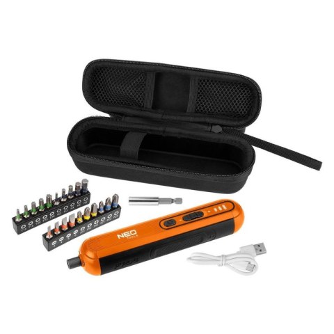 NEO TOOLS Wkrętak Akumulatorowy Śrubokręt 4V, USB-C + Zestaw Bitów Etui