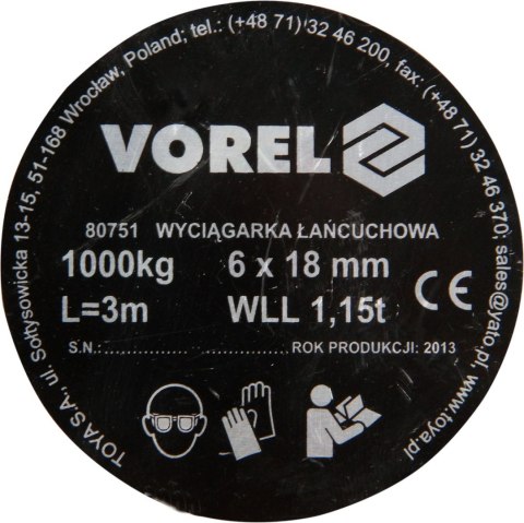 WCIĄGARKA WYCIĄGARKA ŁAŃCUCHOWA RĘCZNA 1000 KILO WCIĄGNIK 2.5 M VOREL 80751