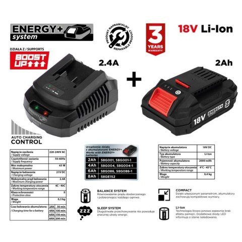 Zestaw Akumulator bateria 2Ah + Ładowarka GRAPHITE Energy+ 58GE131-1