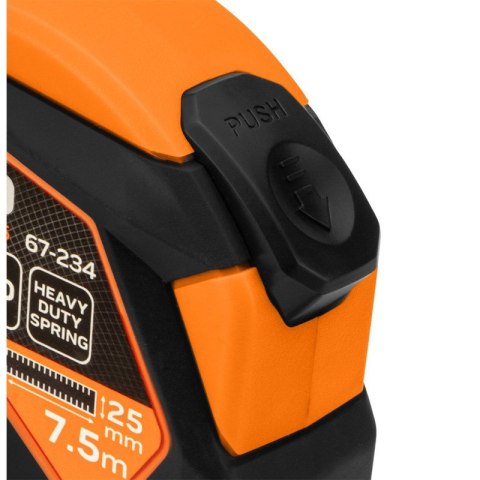 MIARA ZWIJANA STALOWA 7,5 M X 25 MM, AUTO BLOKADA, PRZYCISK STOP, MAGNES 67-234 NEO TOOLS