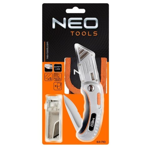 NÓŻ UNIWERSALNY SKŁADANY, OSTRZE TRAPEZOWE + NÓŻ, NYLONOWE ETUI + 5 OSTRZY NEO 63-710 NEO TOOLS