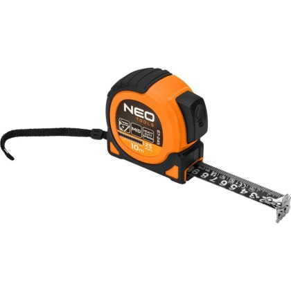 MIARA ZWIJANA STALOWA SUPER BLACK 10 M X 25 MM AUTO BLOKADA DWA PRZYCISKI STOP MAGNES NEO TOOLS 67-245