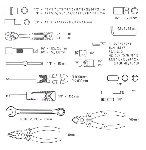 ZESTAW NARZĘDZI KLUCZE NASADOWE płaskie Micha M4K GARAGE 90e 1/4" 1/2" NEO TOOLS 10-100 ZESTAW NARZĘDZI KLUCZE NASADOWE płaskie Micha M4K GARAGE 90e 1/4" 1/2" NEO TOOLS 10-100