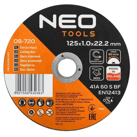 TARCZE DO SZLIFIERKI TNĄCE DO METALU/INOX 125 X 1.0 X 22.2MM 41 A60-S-BF NEO TOOLS 08-720