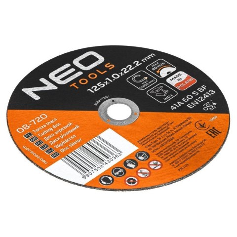 TARCZE DO SZLIFIERKI TNĄCE DO METALU/INOX 125 X 1.0 X 22.2MM 41 A60-S-BF NEO TOOLS 08-720