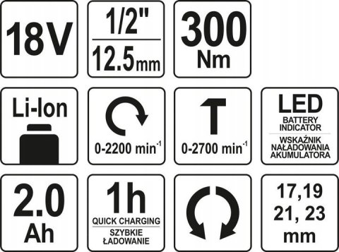 YATO KLUCZ UDAROWY AKUMULATOROWY 18V + 4 NASADKI 1/2" 300Nm 2,0AH ZESTAW