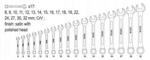 YATO ZESTAW KOMPLET KLUCZY KLUCZE PŁASKO-OCZKOWYCH 17 SZTUK YT-0363 8-32mm
