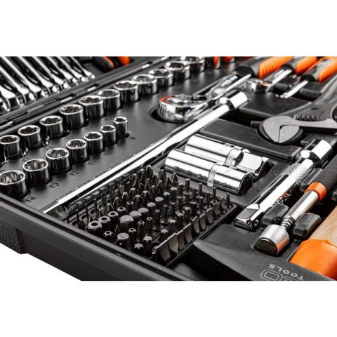 ZESTAW NARZĘDZI KLUCZE NASADOWE PŁASKIE IMBUSOWE BITY 143 ELEMENTY NASADKI 1/2 1/4 NEO TOOLS 08-945