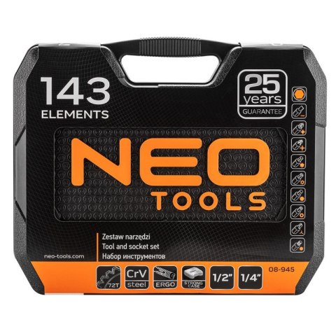 ZESTAW NARZĘDZI KLUCZE NASADOWE PŁASKIE IMBUSOWE BITY 143 ELEMENTY NASADKI 1/2 1/4 NEO TOOLS 08-945