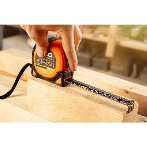 MIARA ZWIJANA STALOWA SUPER BLACK 5 M X 19 MM, AUTO BLOKADA, DWA PRZYCISKI STOP, MAGNES 67-242 NEO TOOLS