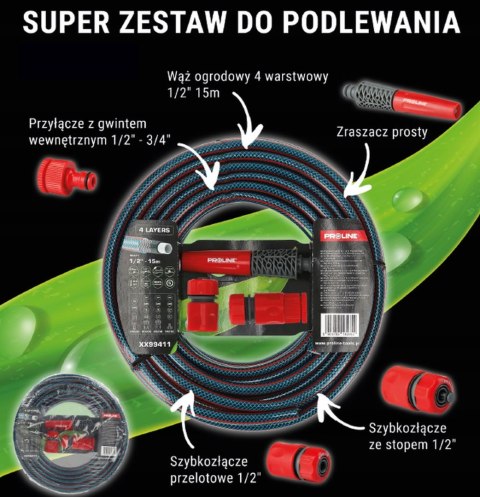 PROLINE Wąż ogrodowy 1/2" 15m + zraszacz prosty SUPER ZESTAW DO PODLEWANIA PROLINE Wąż ogrodowy 1/2" 15m + zraszacz prosty SUPER ZESTAW DO PODLEWANIA