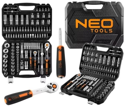 Zestaw 110 sztuk kluczy nasadowych 1/4". 1/2" CRV solidny precyzyjny komplet narzędzi w walizce NEO TOOLS 10-066