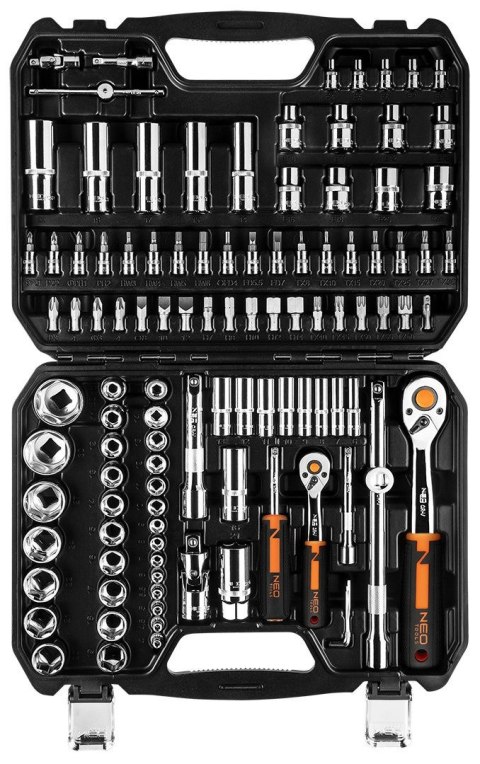 Zestaw 110 sztuk kluczy nasadowych 1/4". 1/2" CRV solidny precyzyjny komplet narzędzi w walizce NEO TOOLS 10-066