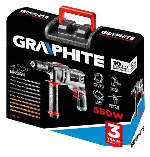 58G735 WIERTARKA UDAROWA 550W, UCHWYT SAMOZACISKOWY 13 MM, OBROTY 0-3000 MIN⁻¹, WALIZKA + 10 WIERTEŁ GRAPHITE