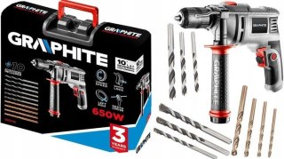 58G736 WIERTARKA UDAROWA 650W, UCHWYT SAMOZACISKOWY 13 MM, OBROTY 0-3000 MIN⁻¹, WALIZKA + 10 WIERTEŁ GRAPHITE