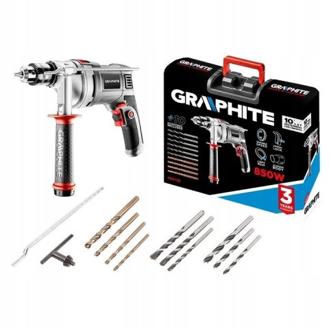 58G738 WIERTARKA UDAROWA 850W, UCHWYT KLUCZYKOWY 13 MM, OBROTY 0-3000 MIN⁻¹, WALIZKA + 10 WIERTEŁ GRAPHITE