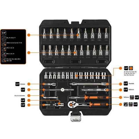 ZESTAW KLUCZY NASADOWYCH W WALIZCE 1/4" KLUCZE NASADOWE 46 SZTUK NEO TOOLS