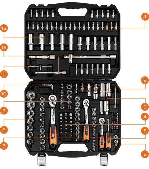 08-680 KLUCZE NASADOWE 1/2", 3/8", 1/4", ZESTAW 182 SZT. NEO TOOLS