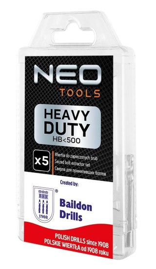 08-950 WIERTŁA SPECJALISTYCZNE DO ROZWIERCANIA ZAPIECZONYCH ŚRUB, HSS-E CO8, 3.2-8.5 MM, KRÓTKIE, KPL.5SZT. NEO TOOLS