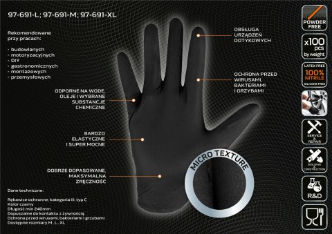 97-691-L RĘKAWICZKI NITRYLOWE, CZARNE, 100 SZTUK, ROZMIAR M NEO TOOLS 97-691-L RĘKAWICZKI NITRYLOWE, CZARNE, 100 SZTUK, ROZMIAR M NEO TOOLS