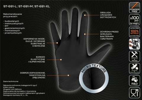 97-691-XL RĘKAWICZKI NITRYLOWE, CZARNE, 100 SZTUK, ROZMIAR M NEO TOOLS 97-691-XL RĘKAWICZKI NITRYLOWE, CZARNE, 100 SZTUK, ROZMIAR M NEO TOOLS