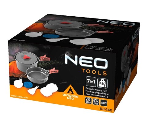 NACZYNIA ZESTAW TURYSTYCZNE NA CAMPING SURVIVALOWE BIWAKOWE OUTDOOR 7 W 1 NEO TOOLS 63-146