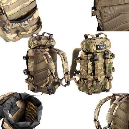 Plecak turystyczny kamuflaż wytrzymały 30L materiał 600D regulowane pasy idealny na wędrówki i survival NEO TOOLS 84-325