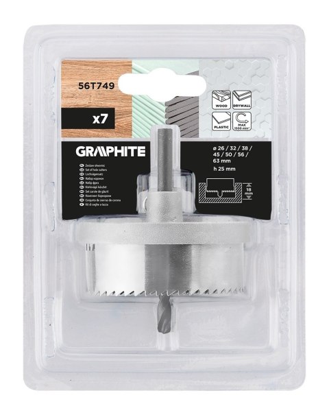 Otwornice do drewna 26 - 63 mm, h 25 mm, zestaw 7 szt 56T749 Otwornice do drewna 26 - 63 mm, h 25 mm, zestaw 7 szt 56T749