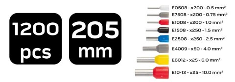 Szczypce do zaciskania końcówek 205 mm + 1200 tulejek 01-562 Szczypce do zaciskania końcówek 205 mm + 1200 tulejek 01-562