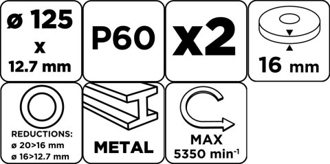 Tarcze szlifierskie 125 x 20/16/12. 7 x 16 mm, p60, 2 szt 57T127 Tarcze szlifierskie 125 x 20/16/12. 7 x 16 mm, p60, 2 szt 57T127