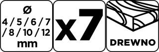 Zestaw wierteł do drewna, przedłużanych: 4, 5, 6, 7, 8, 10, 12 mm x 300 mm, 7 sztuk 54T573