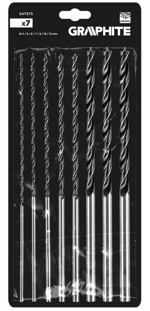 Zestaw wierteł do drewna, przedłużanych: 4, 5, 6, 7, 8, 10, 12 mm x 300 mm, 7 sztuk 54T573 Zestaw wierteł do drewna, przedłużanych: 4, 5, 6, 7, 8, 10, 12 mm x 300 mm, 7 sztuk 54T573