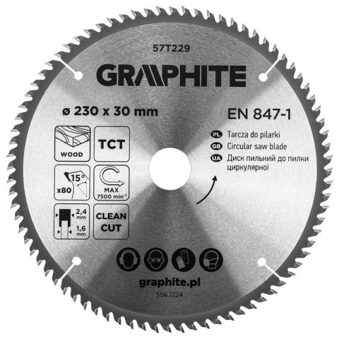Tarcza do pilarki piły widiowa do drewna cięcia 230 x 30 mm 80 zębów GRAPHITE 57T229