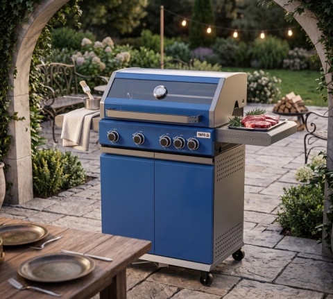 GRILL GAZOWY OGRODOWY 4+1 14,2KW NIEBIESKI 5 PALNIKÓW ŻELIWNY RUSZT YG-20033