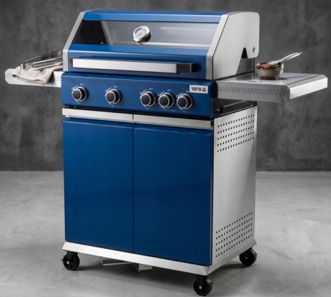 GRILL GAZOWY OGRODOWY 4+1 14,2KW NIEBIESKI 5 PALNIKÓW ŻELIWNY RUSZT YG-20033