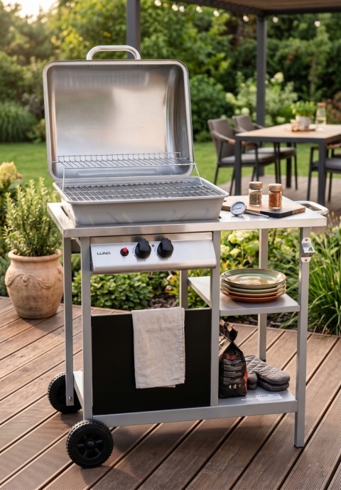 GRILL GAZOWY OGRODOWY 5,5KW DWUPALNIKOWY Z POKRYWĄ STAL NIERDZEWNA LUND 99658