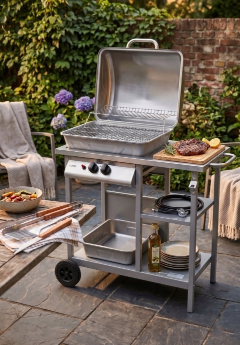 GRILL GAZOWY OGRODOWY 5,5KW DWUPALNIKOWY Z POKRYWĄ STAL NIERDZEWNA LUND 99658