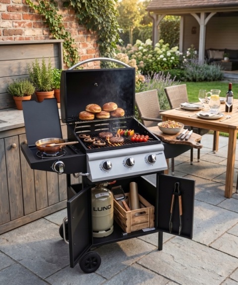 GRILL GAZOWY OGRODOWY Z POKRYWĄ 12,8 kW 4 PALNIKI 2 PÓŁKI SZAFKA LUND 99642
