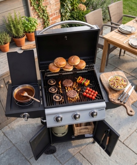GRILL GAZOWY OGRODOWY Z POKRYWĄ 12,8 kW 4 PALNIKI 2 PÓŁKI SZAFKA LUND 99642