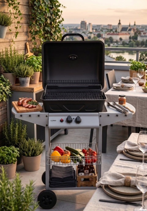GRILL OGRODOWY GAZOWY BAVEN 2 PALNIKI STALOWE O MOCY 5,5 KW ŻELIWNY RUSZT LUND 99644