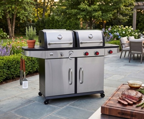 GRILL OTAKE 2 w 1 GAZOWO WĘGLOWY OGRODOWY Z SZAFKĄ STAL NIERDZEWNA 8,2 kW YATO YG-20030