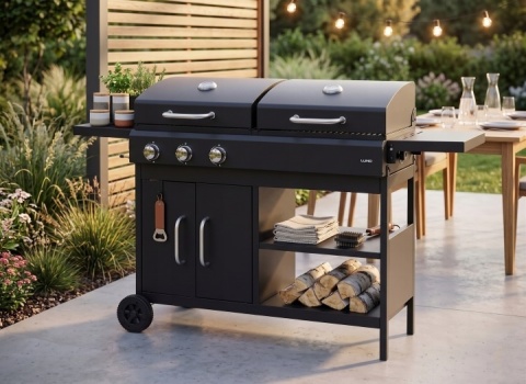 GRILL PODWÓJNY WĘGLOWO GAZOWY OGRODOWY 2 + 1 8,4 KW STALOWY RUSZT LUND 99649