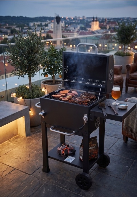 GRILL WĘGLOWY 39,5x29,5cm POKRYWA KOŁA OGRODOWY 2 PÓŁKI STALOWY RUSZT LUND 99928