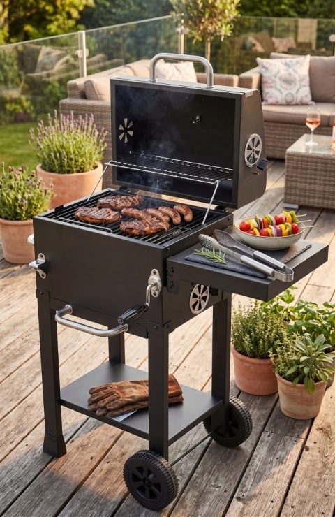 GRILL WĘGLOWY 39,5x29,5cm POKRYWA KOŁA OGRODOWY 2 PÓŁKI STALOWY RUSZT LUND 99928