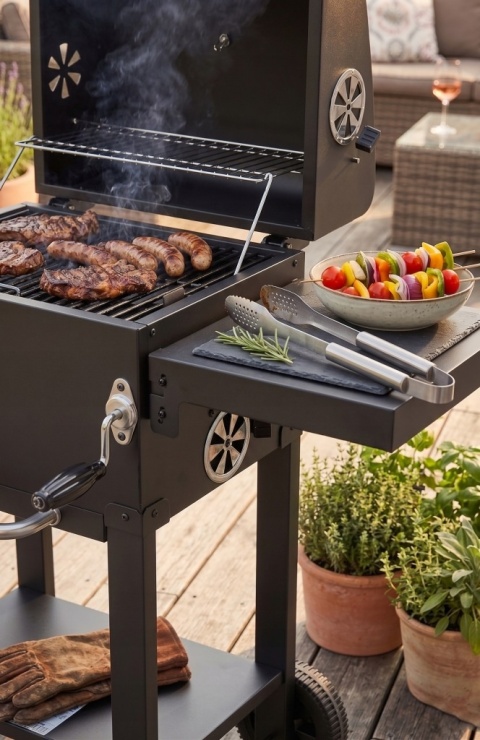 GRILL WĘGLOWY 39,5x29,5cm POKRYWA KOŁA OGRODOWY 2 PÓŁKI STALOWY RUSZT LUND 99928