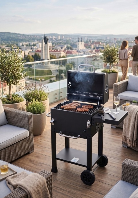 GRILL WĘGLOWY 39,5x29,5cm POKRYWA KOŁA OGRODOWY 2 PÓŁKI STALOWY RUSZT LUND 99928
