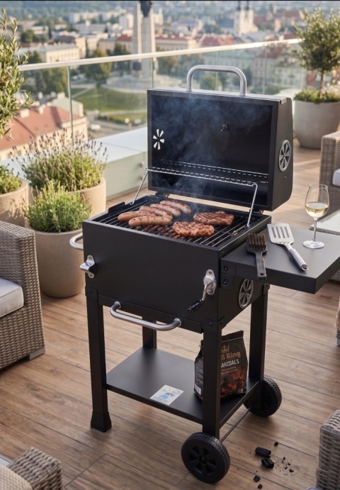 GRILL WĘGLOWY 39,5x29,5cm POKRYWA KOŁA OGRODOWY 2 PÓŁKI STALOWY RUSZT LUND 99928