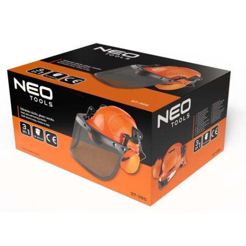 Kask hełm ochronny dla pilarzy drwali z siatką i nausznikami NEO TOOLS 97-395 BHP zestaw 3w1 regulowany SNR 30dB